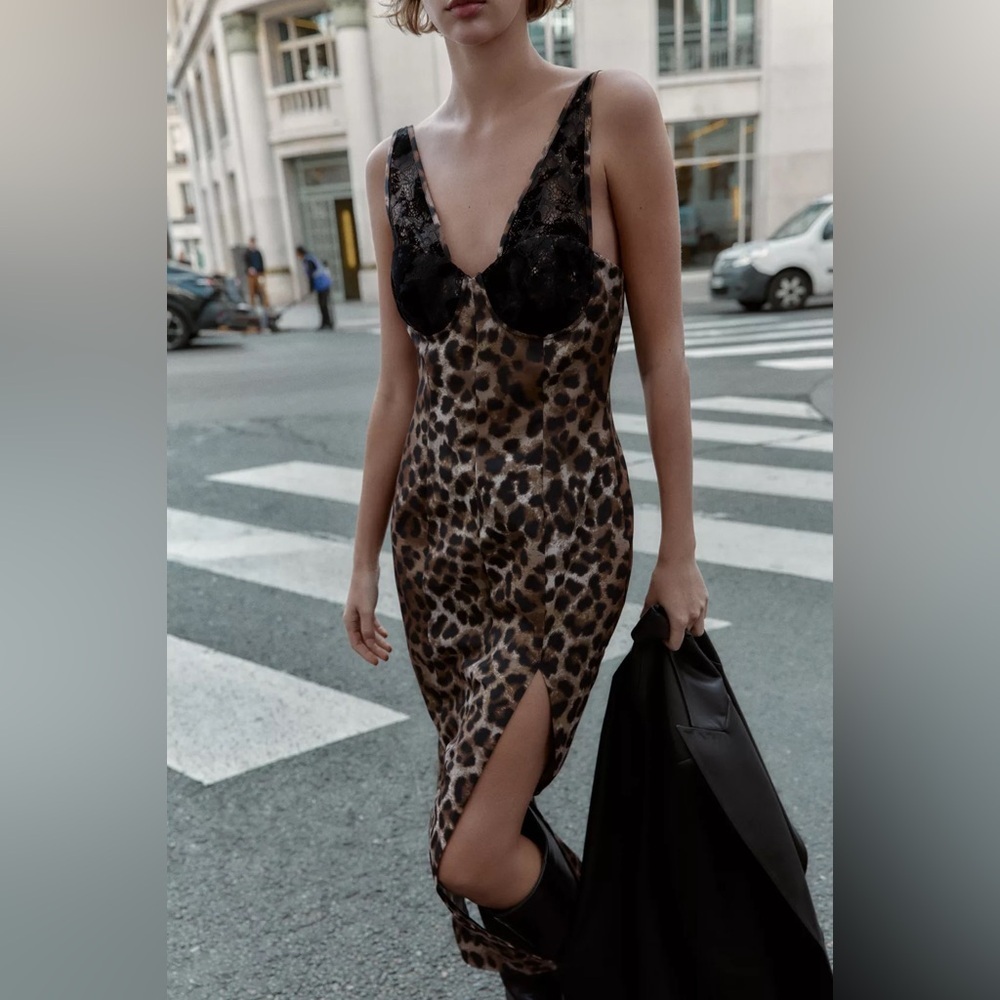 Zara Maxi Leopard Print Slip Dress with Black Lace